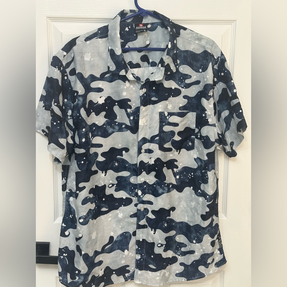 Southpole Y2K Short Sleeve Button Up Shirt Blue Gray White Camo Splatter Mens XL